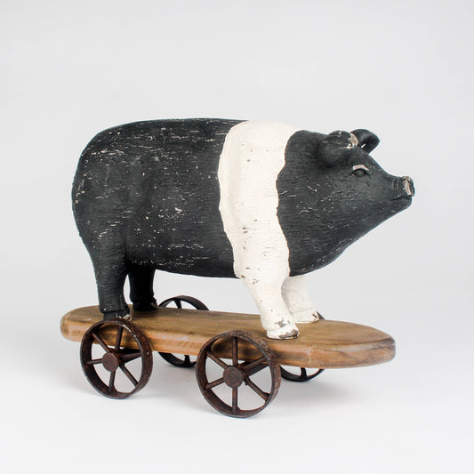 Vintage Farm House Black & White Pig on Wheels