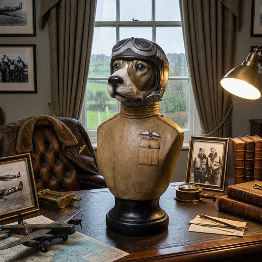 Dog statue in a vintage uniform and helmet on a desk with books and photos.