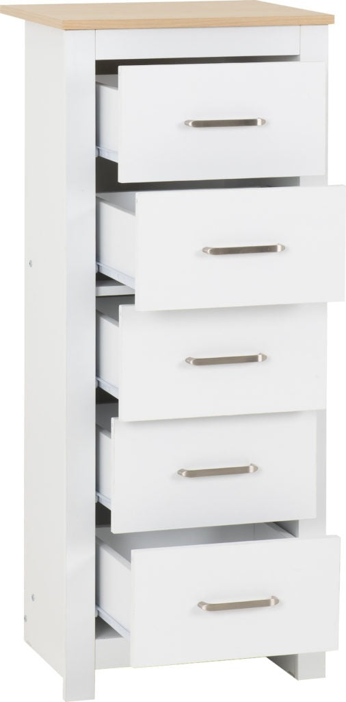 Portland-5-drawer-narrow-chest-white-open